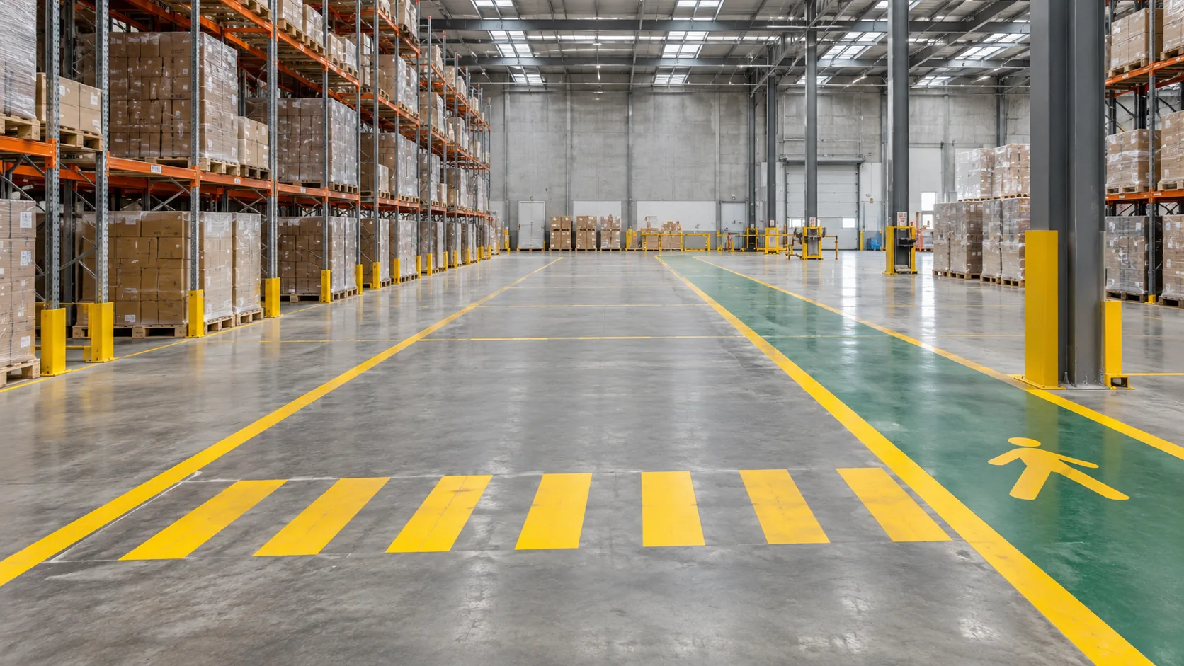 Illustrative warehouse with yellow floor markings and a separated green pedestrian route