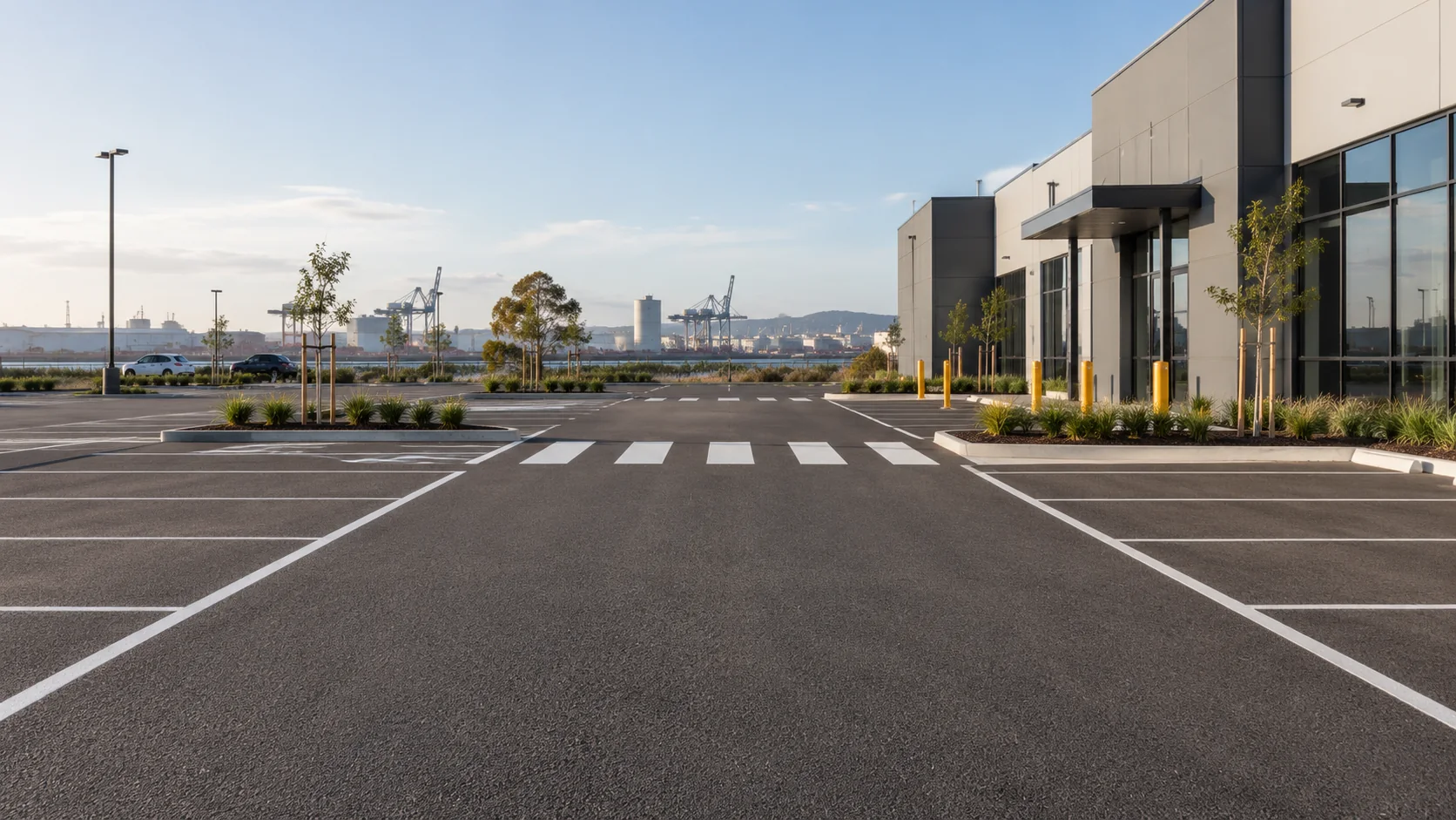 Illustrative coastal industrial car park with white bay markings and a pedestrian crossing