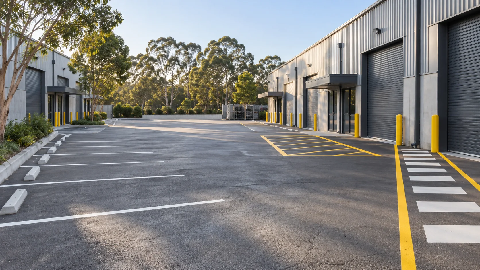 Illustrative factory forecourt with marked parking bays, loading areas and pedestrian access